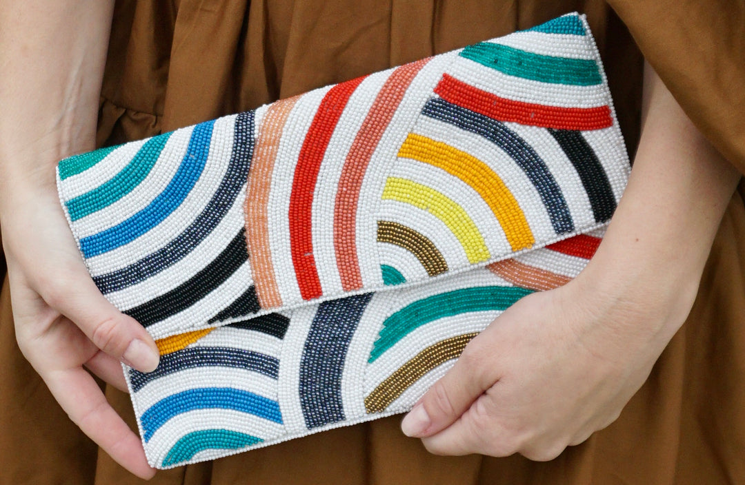 Cora Multi-Striped Rainbow Beaded Clutch