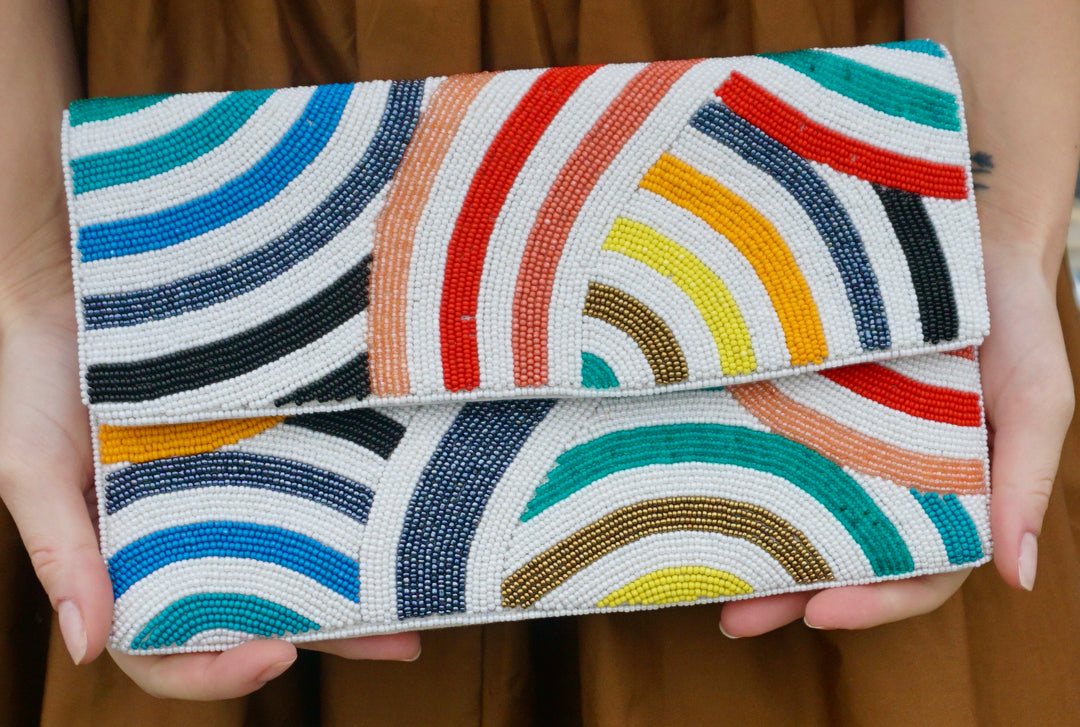 Cora Multi-Striped Rainbow Beaded Clutch